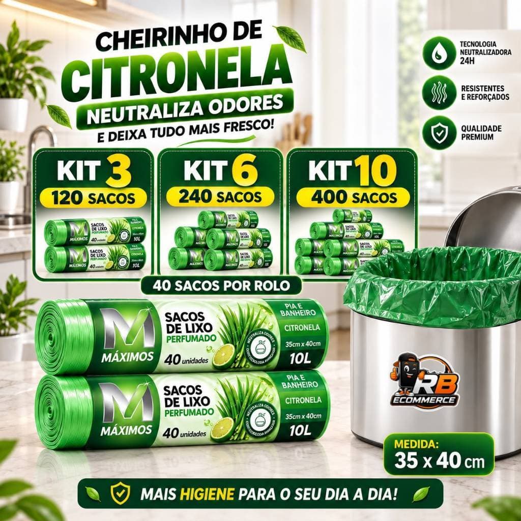 Sacos de Lixo Perfumados Citronela | 160 Sacos | Pia e Banheiro | 35x40cm | Neutraliza Odores