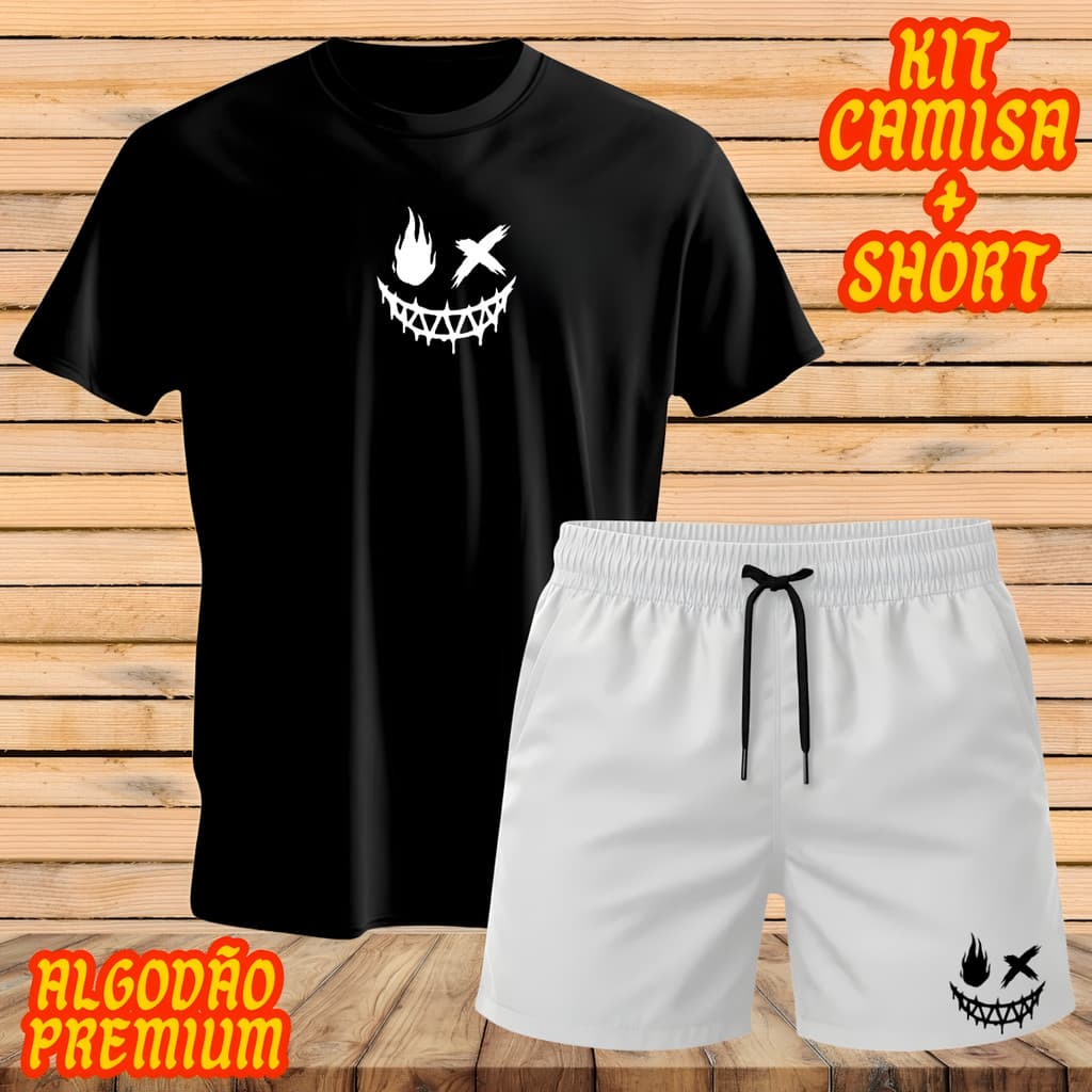 Conjunto Camiseta Sorriso Sombrio Algodão + Short Tactel Branco