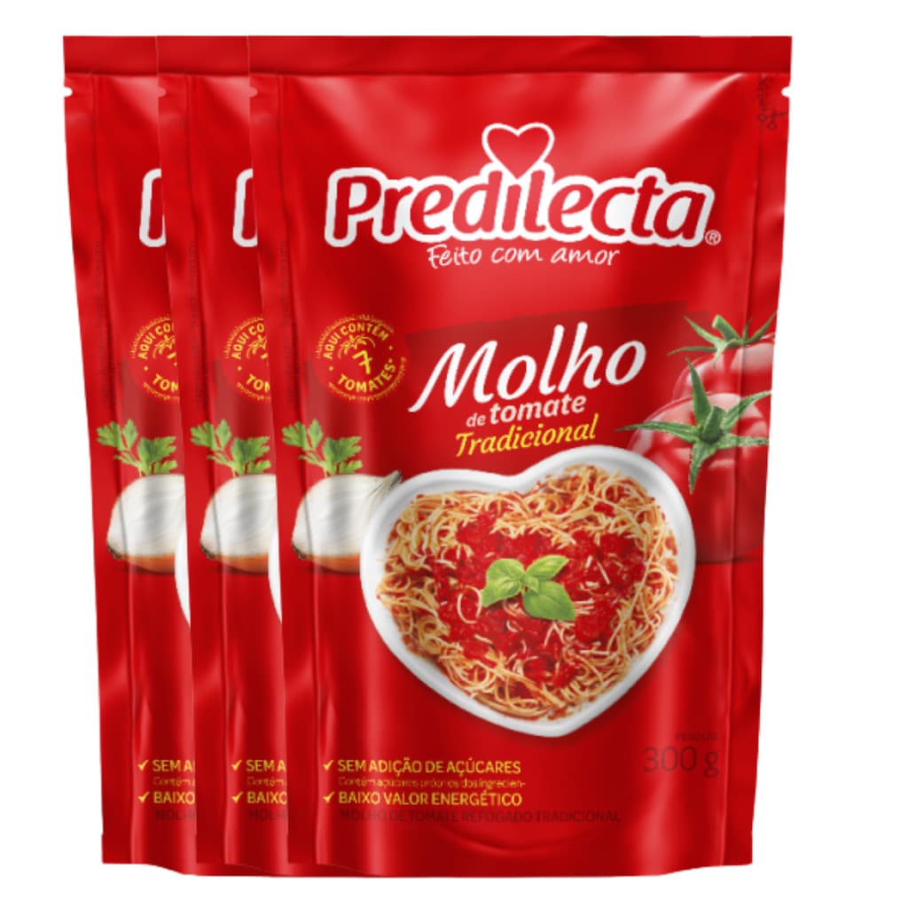 Kit 3 Molhos de Tomate Tradicional 300g Textura Caseira Pronta Para Massas, Pizza e Carnes