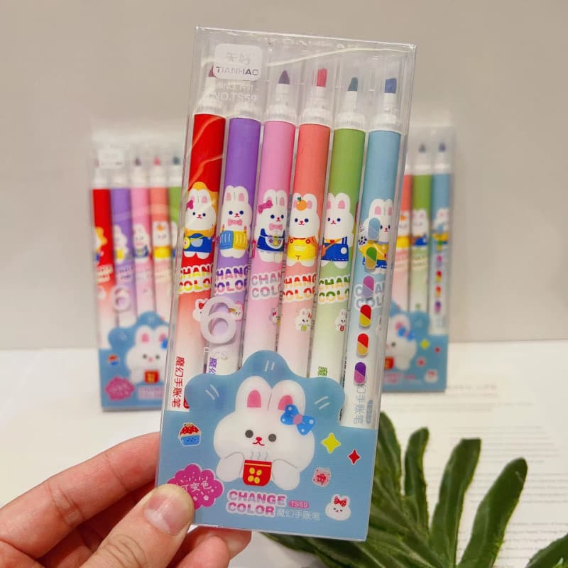 Kit Marca Texto Mágico 6 Cores Dupla Ponta Muda Cor Caneta Fluorescente P/ Bullet Journal Estudo Fofo Criativo