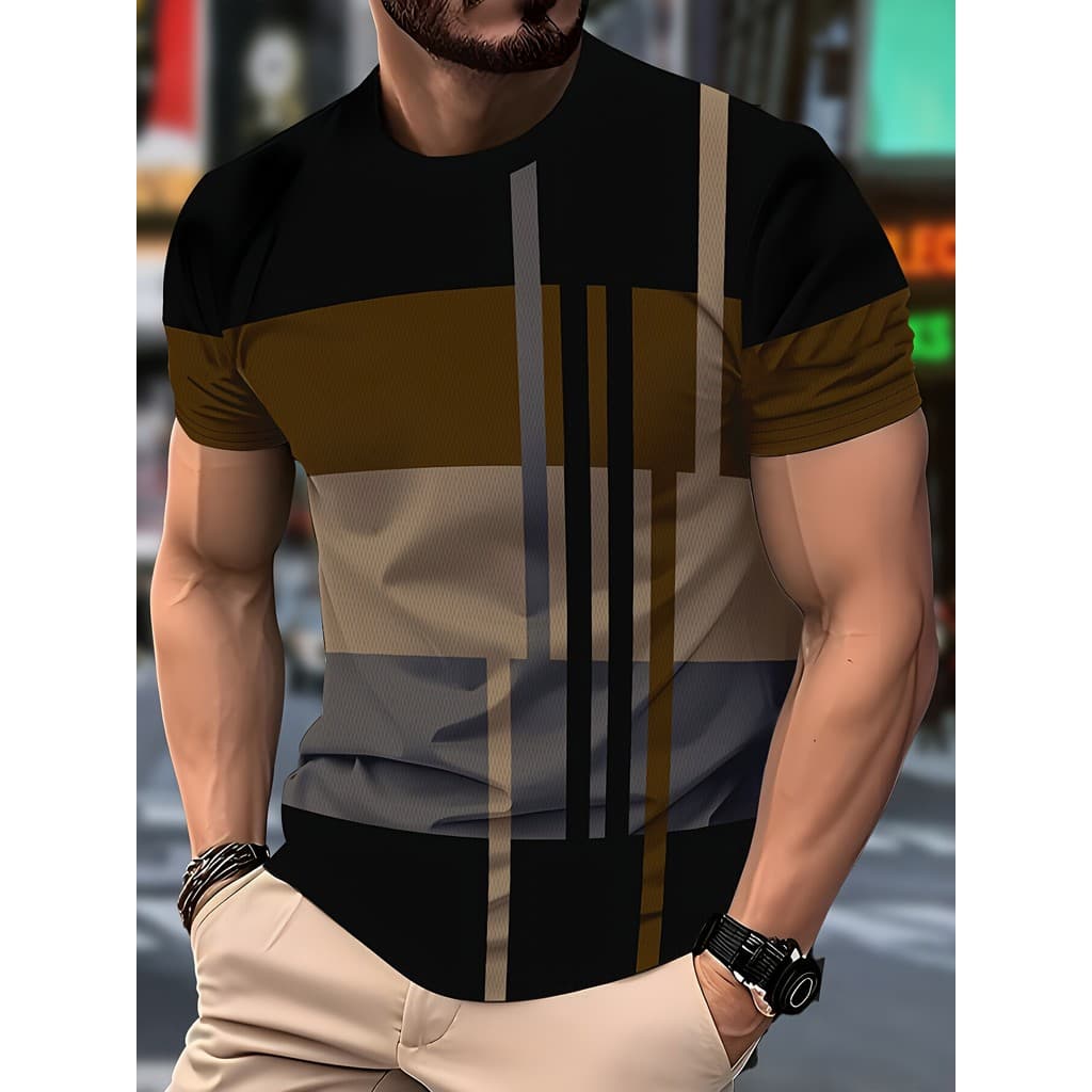 Camiseta Masculina Casual Colorida Em Bloco – Elegante Preto , Bege E Cinza Com Listras Verticais , Gola Redonda , Laváv