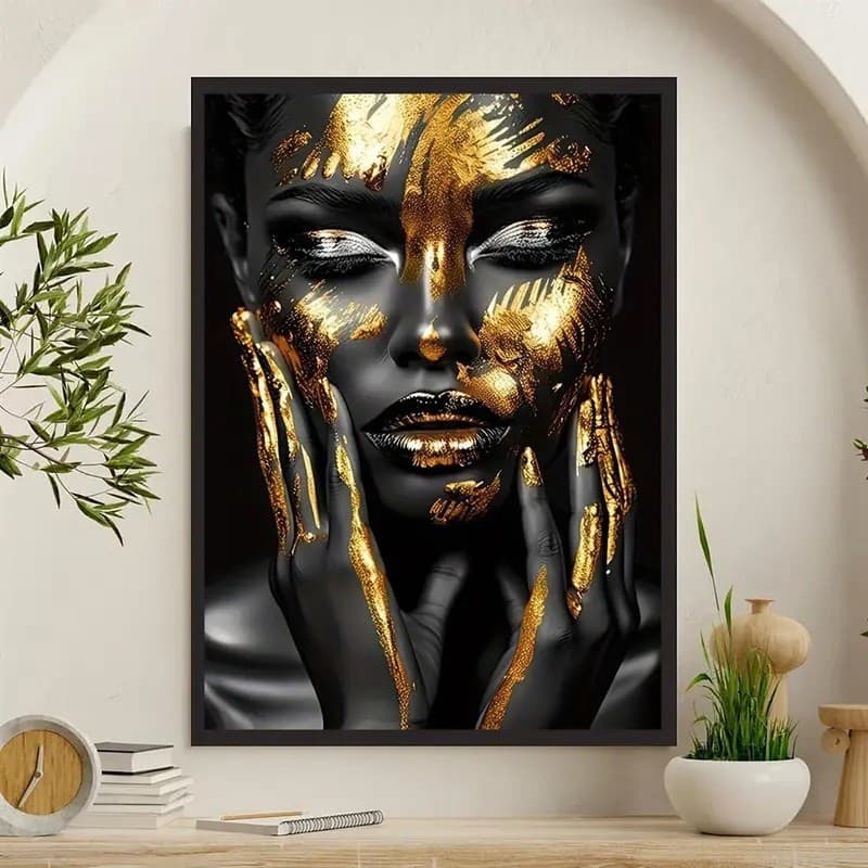 Quadro decorativo 1 peça 90x70 Mulher negra preta afro abstrato moderno dourado ouro para quarto sala