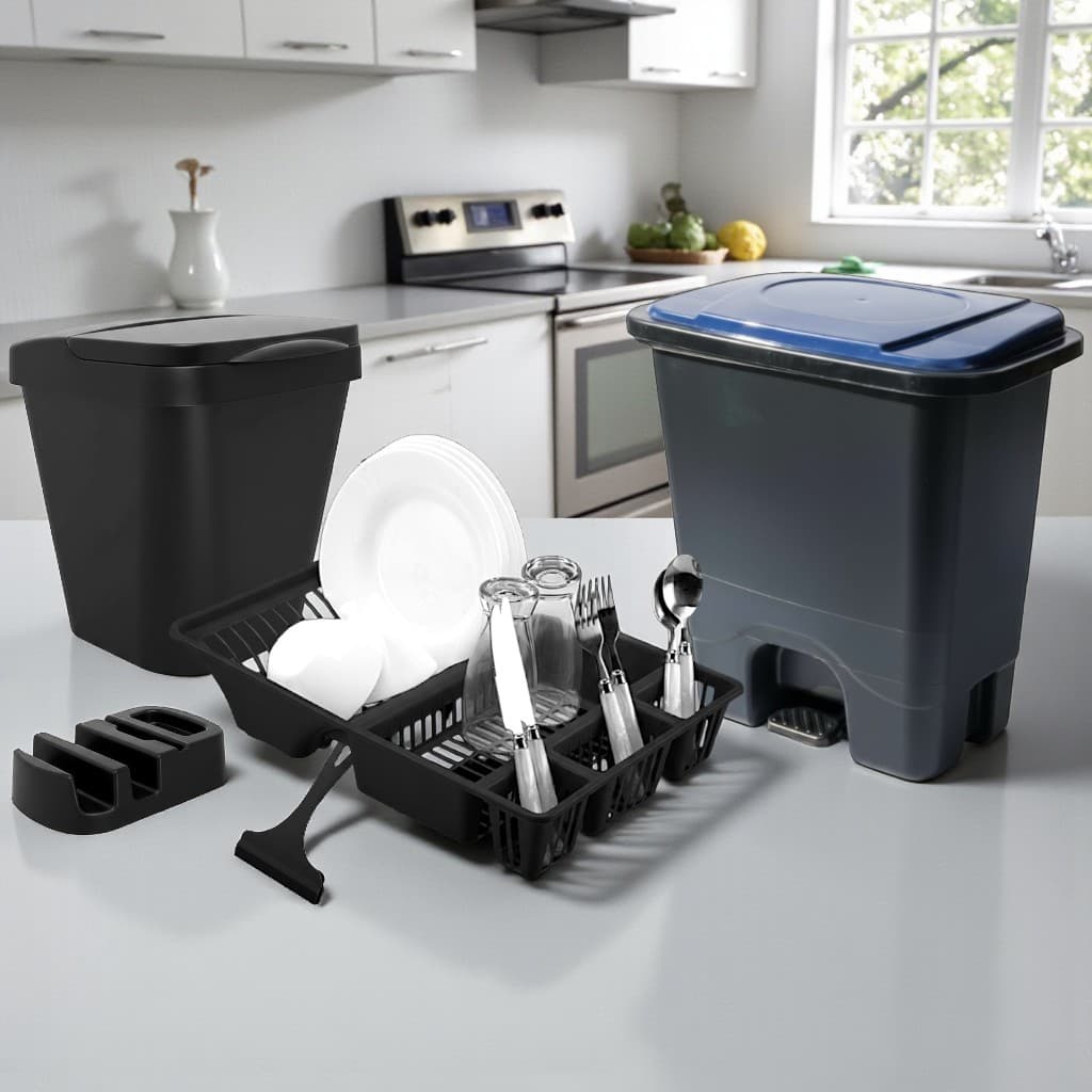 Conjunto Elegance 5 Peças – Lixeira Pedal 13L, Escorredor, Lixeira Pia, Porta Detergente e Rodinho