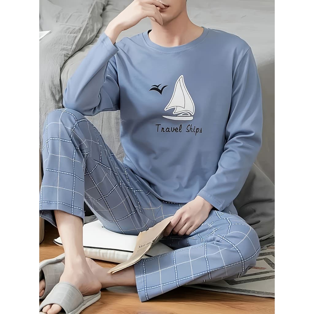 Conjunto de pijamas masculinos Plus Size, calças, pijamas, gola redonda, estilo básico, adequado para quatro estações,