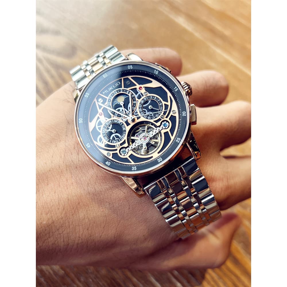 Relógio de esqueleto Samurai preto masculino relógio mecânico automático turbilhão pulseira de couro à prova d'água mult