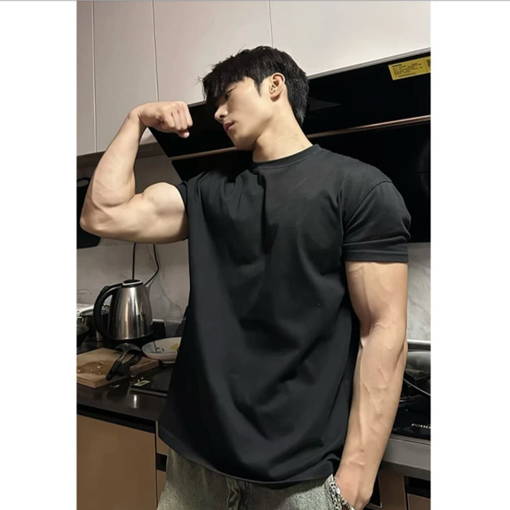 Light Waiget masculino de manga curta punhos de manga curta verão americano pequeno decote pesado camiseta almofadas de