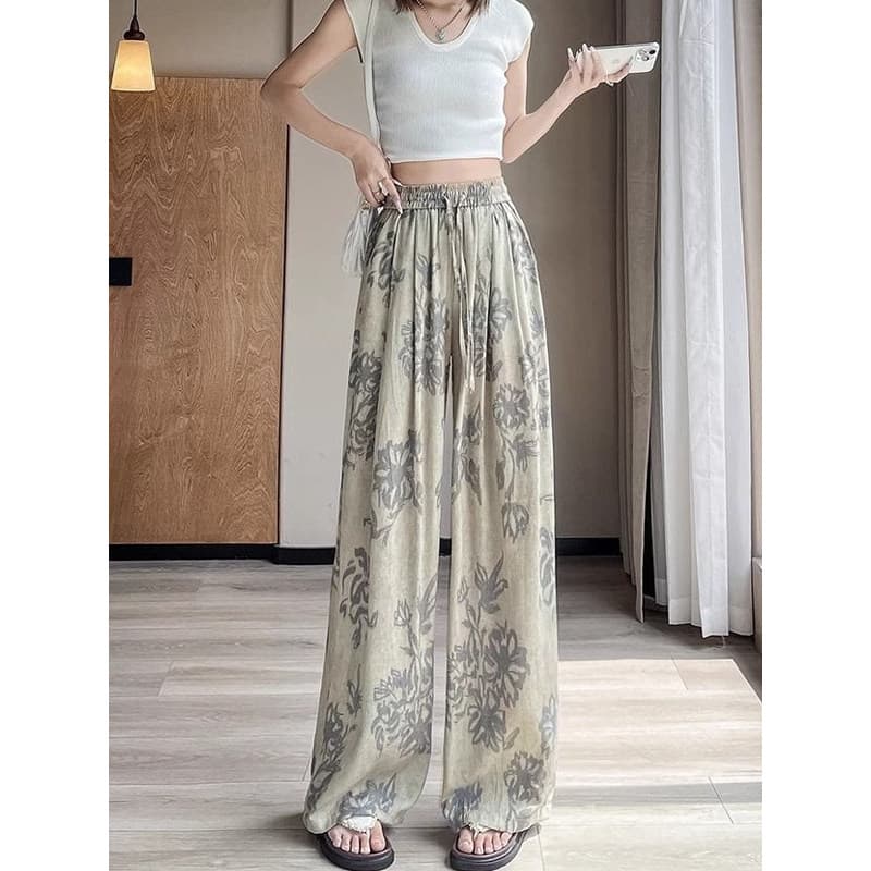 Calças de nicho estilo ocidental com estampa de tinta reta, calças soltas femininas, primavera verão, novo estilo, tempe