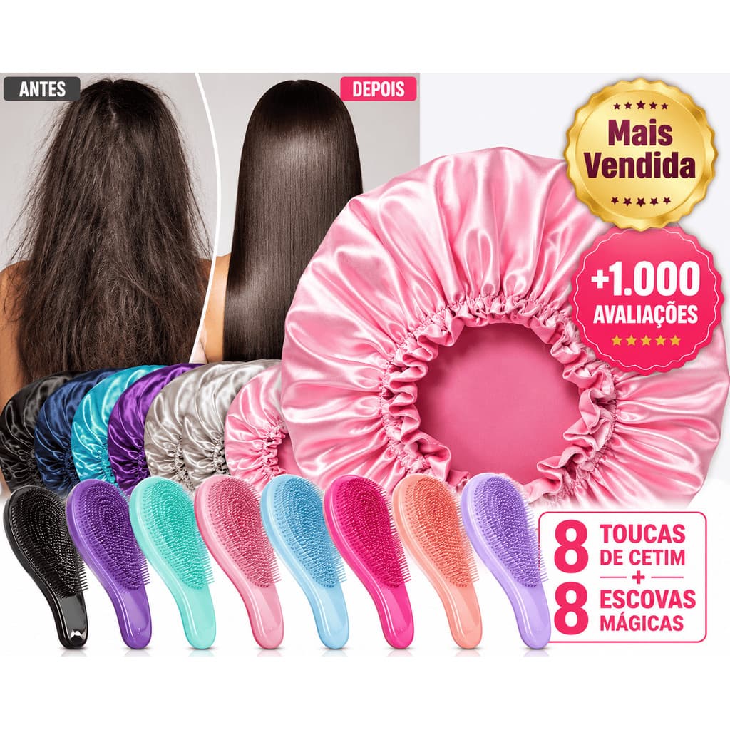Kit 8 Toucas de Cetim Premium + 8 Escovas Desembaraçadoras Mágicas | Anti Frizz | Para Dormir | Cabelos Cacheados, Lisos