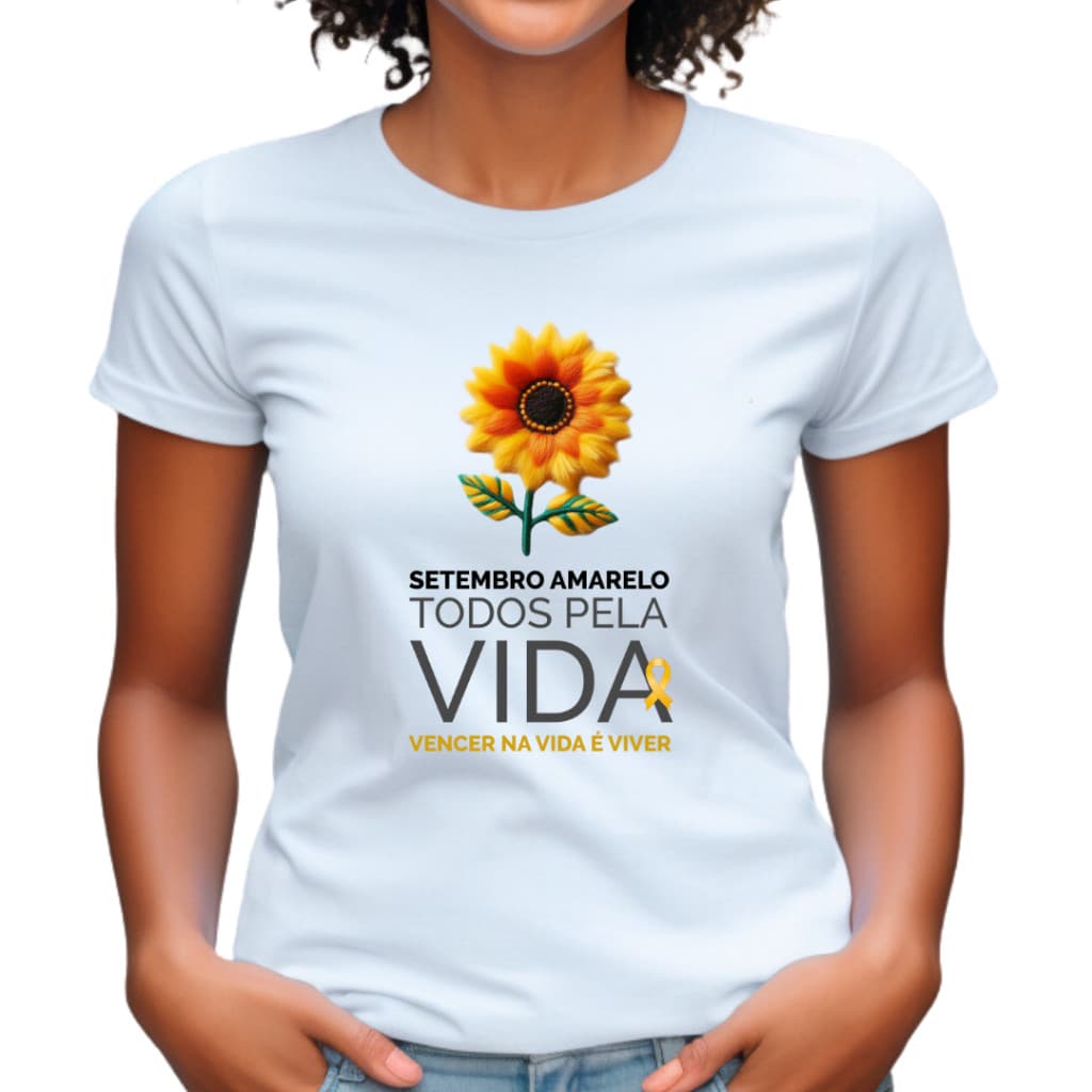 Camisa setembro amarelo flor girassol frase vida babylook plus size campanha laço símbolo camiseta