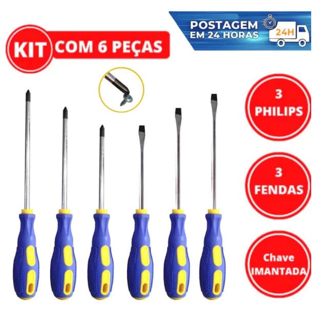 Kit Com 6 Peças De Chave Fenda E Phillips Pontas Imantadas Ferramenta