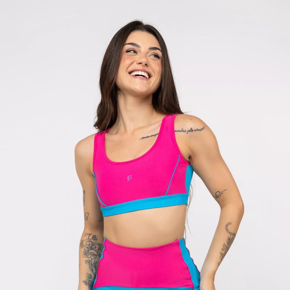 Top Fitness Feminino Costas Abertas Tela Poliamida UV50+ Academia