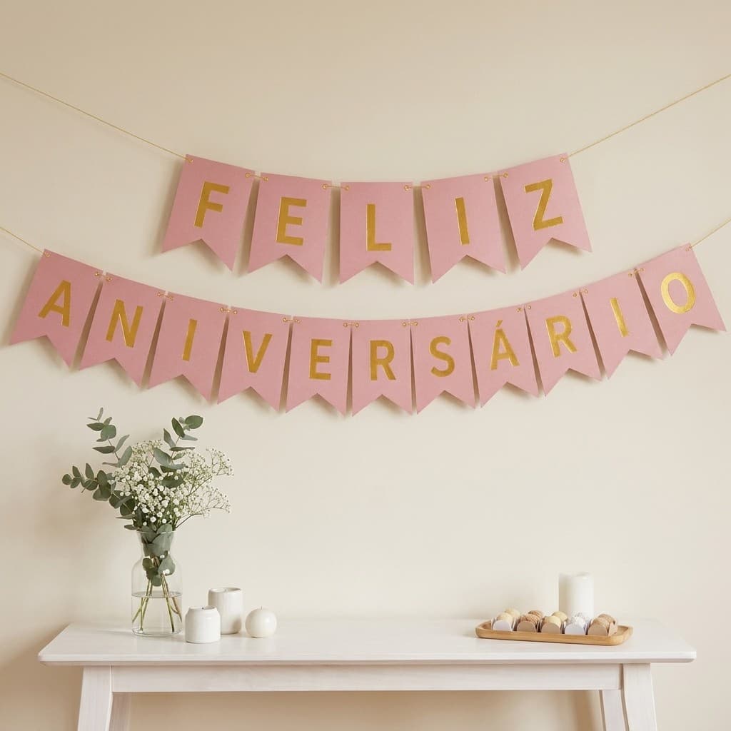 Faixa Varal De Letras Papel Feliz Aniversario Bandeirinhas Rosa Dourado Decoração De Festa