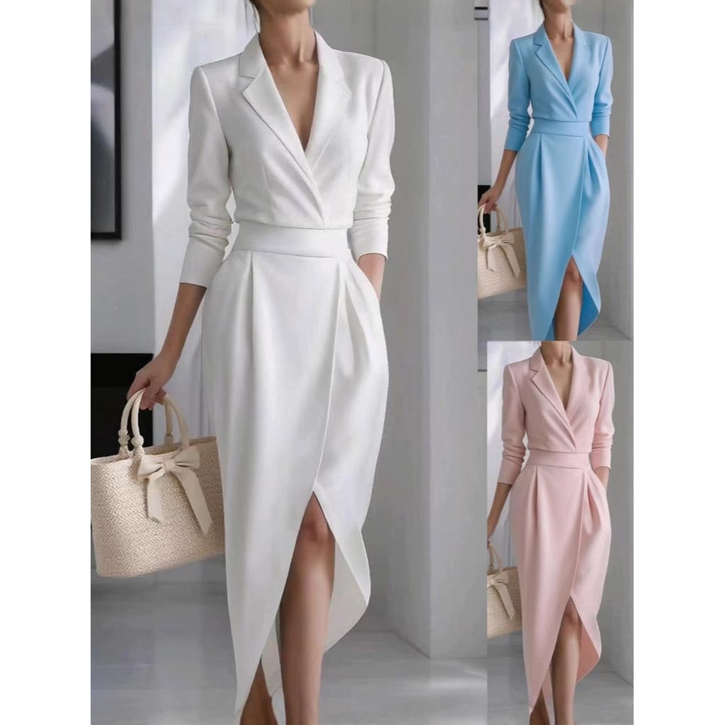 Novo outono inverno lapela manga longa vestido Irregular
