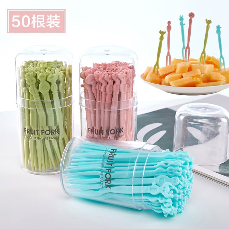 Conjunto de garfo de frutas, picareta de frutas, plástico descartável, dois dentes, bolo de frutas doméstico, sobremesa,