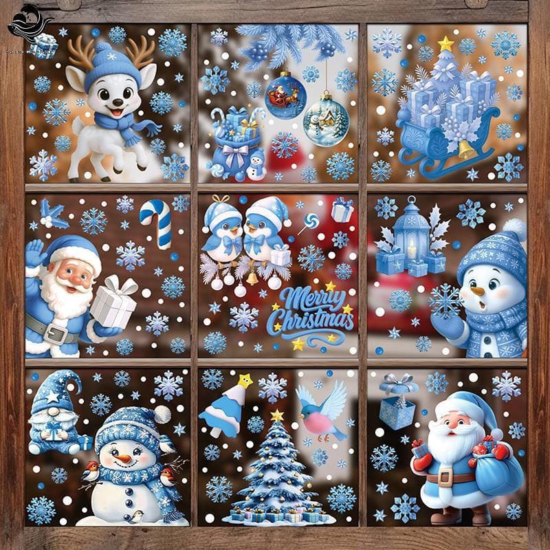 PFG Azul Janela De Natal Adere-Conjunto Estático Com Sinos , Rena , Papai Noel , Flocos De Neve E Boneco Para Decoração