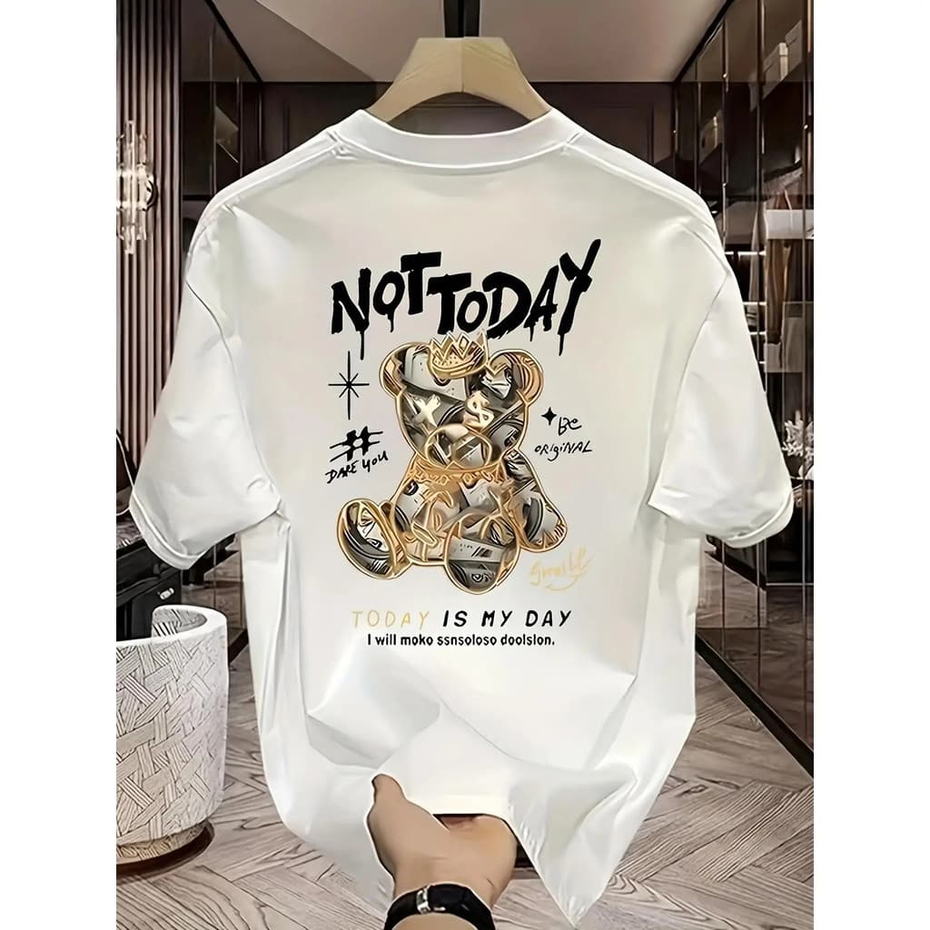 Camiseta Masculina Feminina - Estampa NOT TODAY Urso & Correntes  Gola Redonda Manga Curta  Casual Streetwear