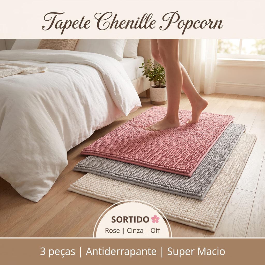3 Tapetes Popcorn Base+Antiderrapante 100% Poliéster 38cmx58cm Cores Sortidas Macio Macio