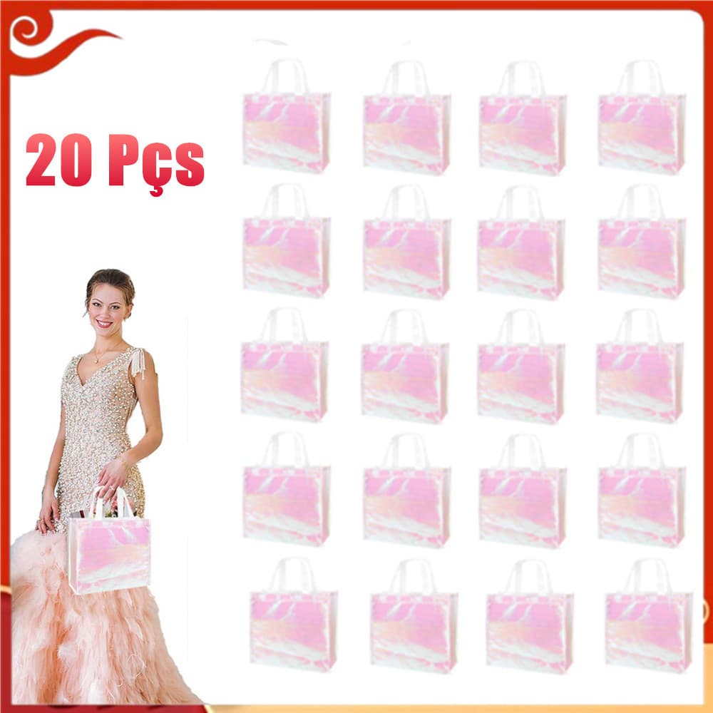 20 sacos de presente rosa brilhantes com alça, saco de produtos de mercearia de 32 x 27 x 10 cm, bolsa
