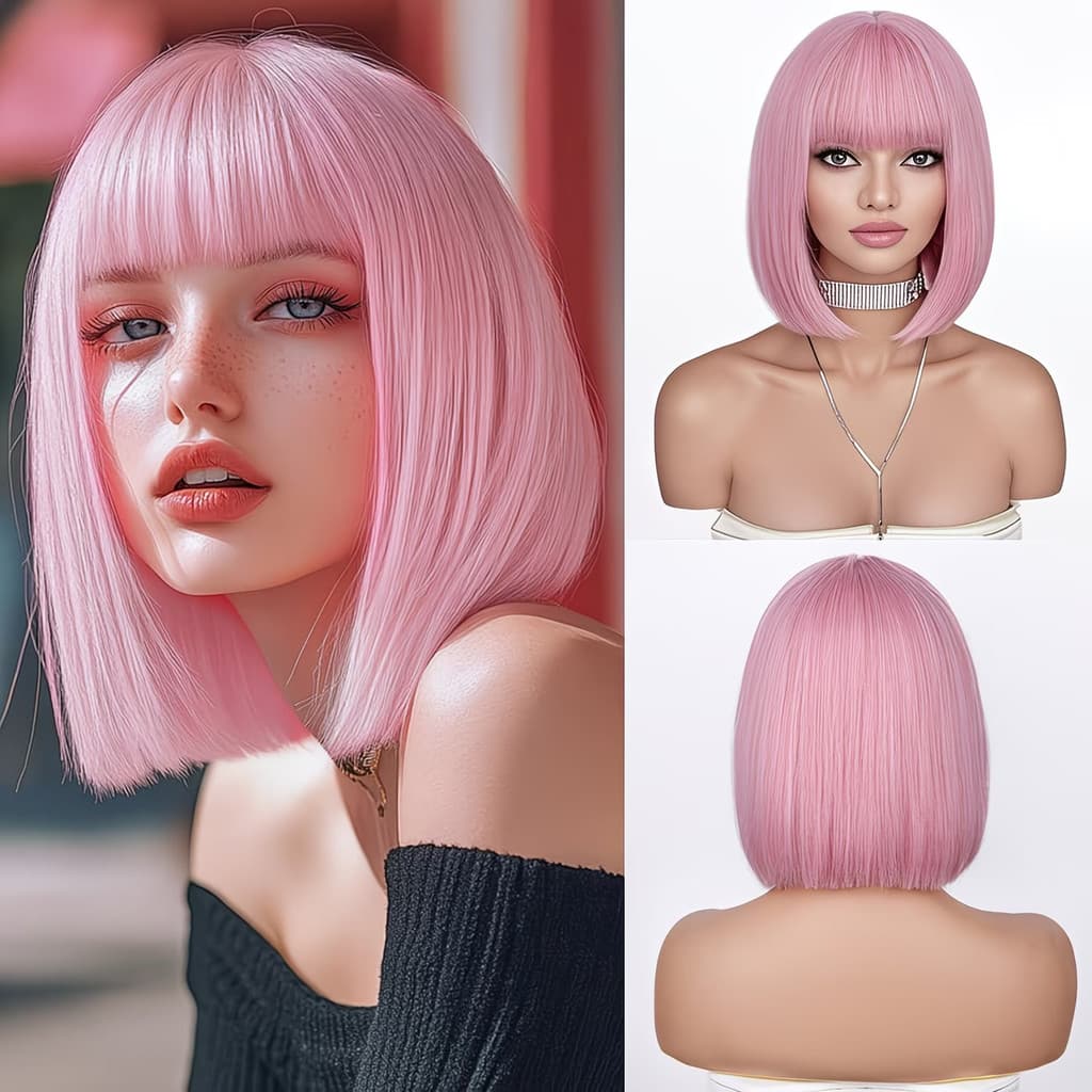 Europeu americano moda peruca Bob cabeça rosa multicolorido curto cabelo reto peruca chapelaria