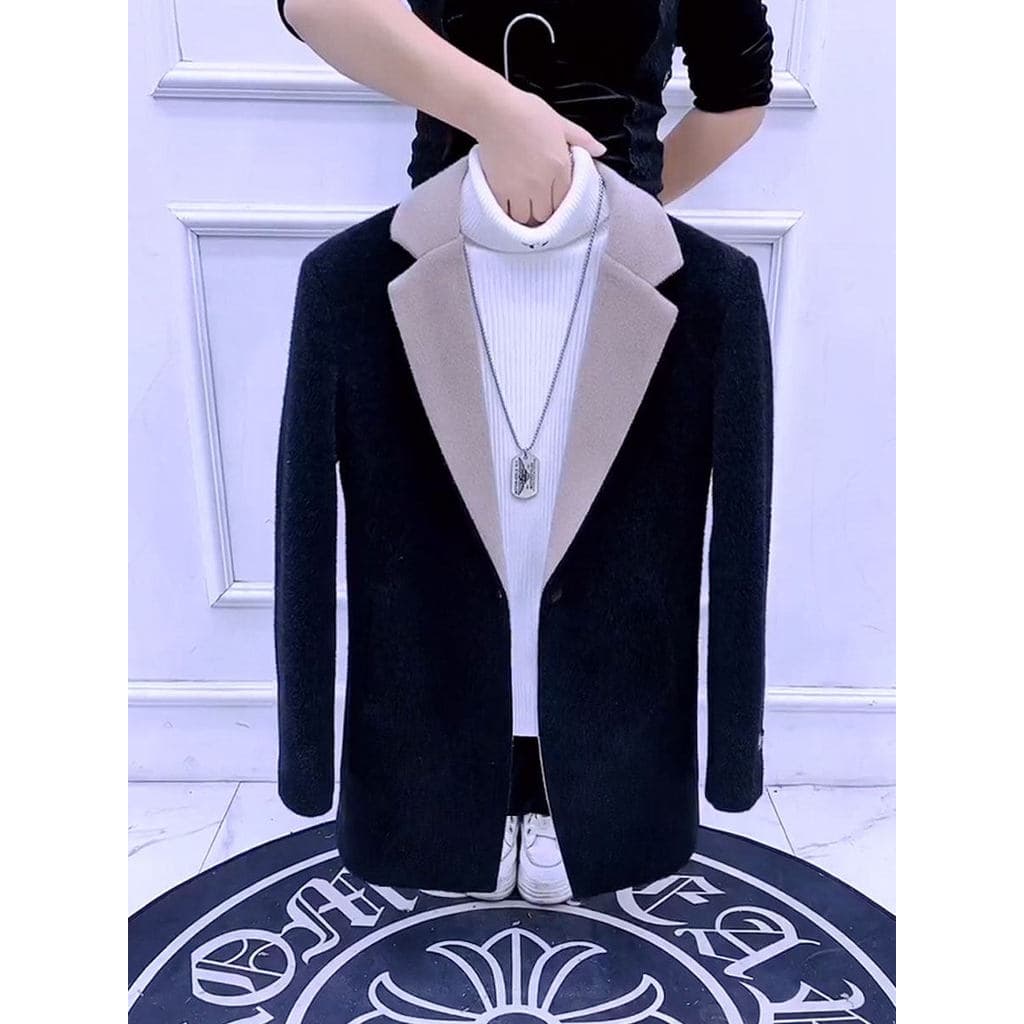 Blusão jaqueta masculina outono inverno versão coreana fino ajuste preto casaco de lã de comprimento médio na moda