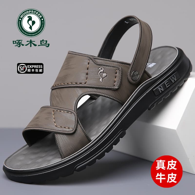 Woodpecker verão novo estilo sandálias de couro genuíno masculino látex sola macia sapatos de praia exterior Wear Casual