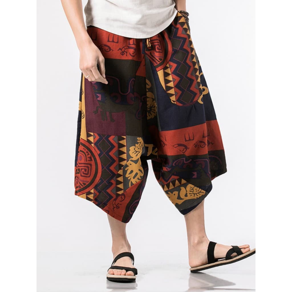 T Tailândia Bloomers Homens Mulheres Verão Estilo Étnico Impresso Calças Cortadas de Perna Larga Soltas Tamanho Grande C