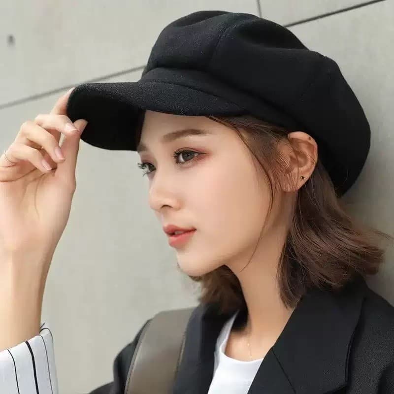 Gorro Boina Feminina de Lã Estilo Retro Octogonal Ajustável Chapéu de Pintor Fashion Cor Sólida