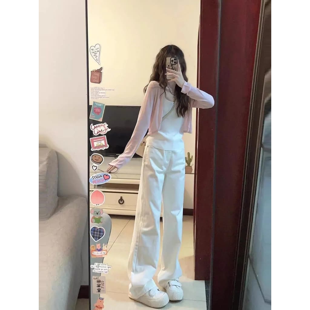 2026 primavera novo estilo branco versão estreita Jeans retos feminino All-Match cintura alta mais magro olhar solto per