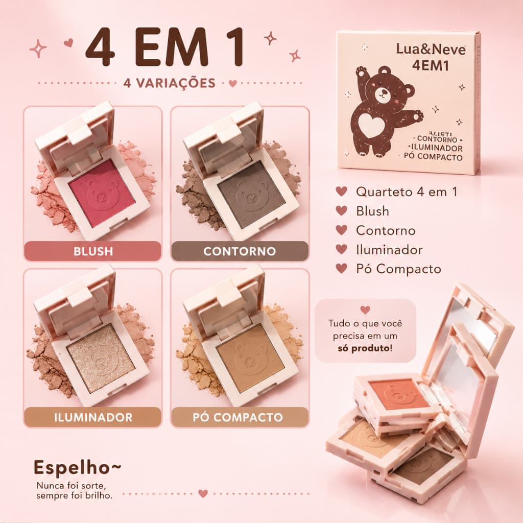 Mini Quarteto Paleta 4 em 1 com Blush Contorno Iluminador e Pó Facial + Espelho- Lua e Neve