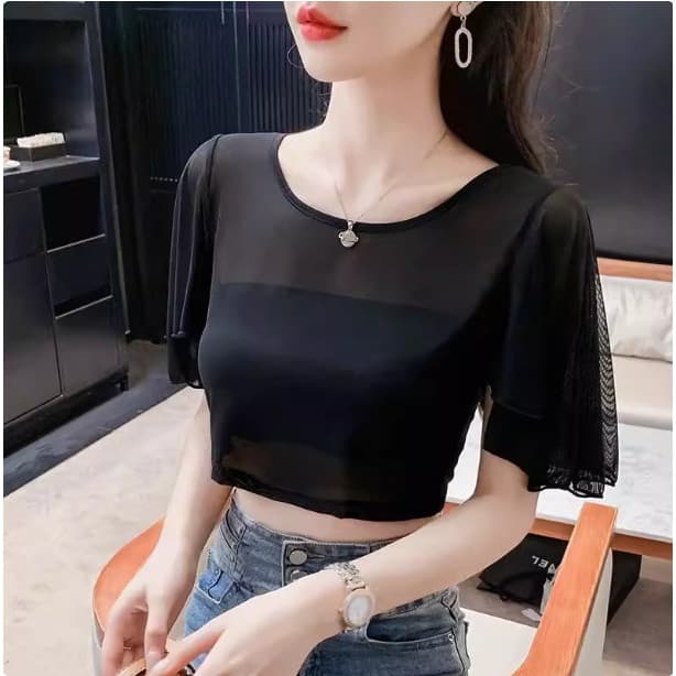 Verão novo estilo cor sólida gaze Bottoming meio comprimento camiseta feminina meio corte topo curto mangas voadoras jog