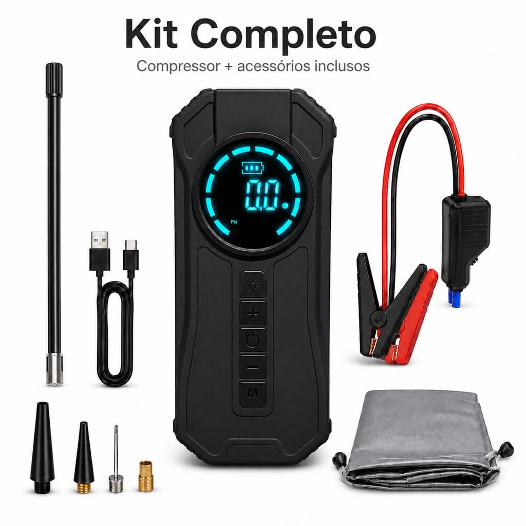 Auxiliador Partida Compressor Power Bank Portátil Multifuncional Indução 2000mAh*4  (2000mAh x 4)15V Moto Carro Celular