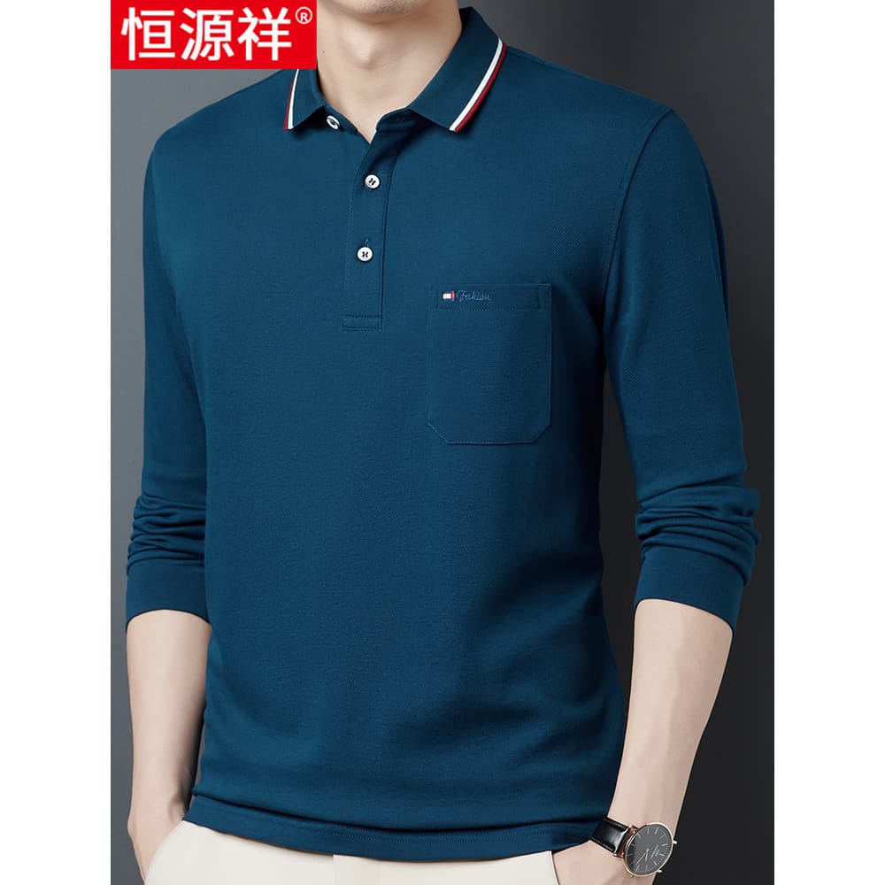Hengyuanxiang Camiseta masculina de manga comprida de algodão mercerizado Casual com bolso Top pai de meia-idade outono