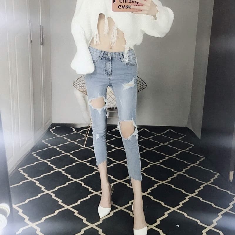 Calças até o tornozelo rasgado mendigo Jeans feminino Wear 2026 verão novo estilo de cintura alta mais magro olhar calça