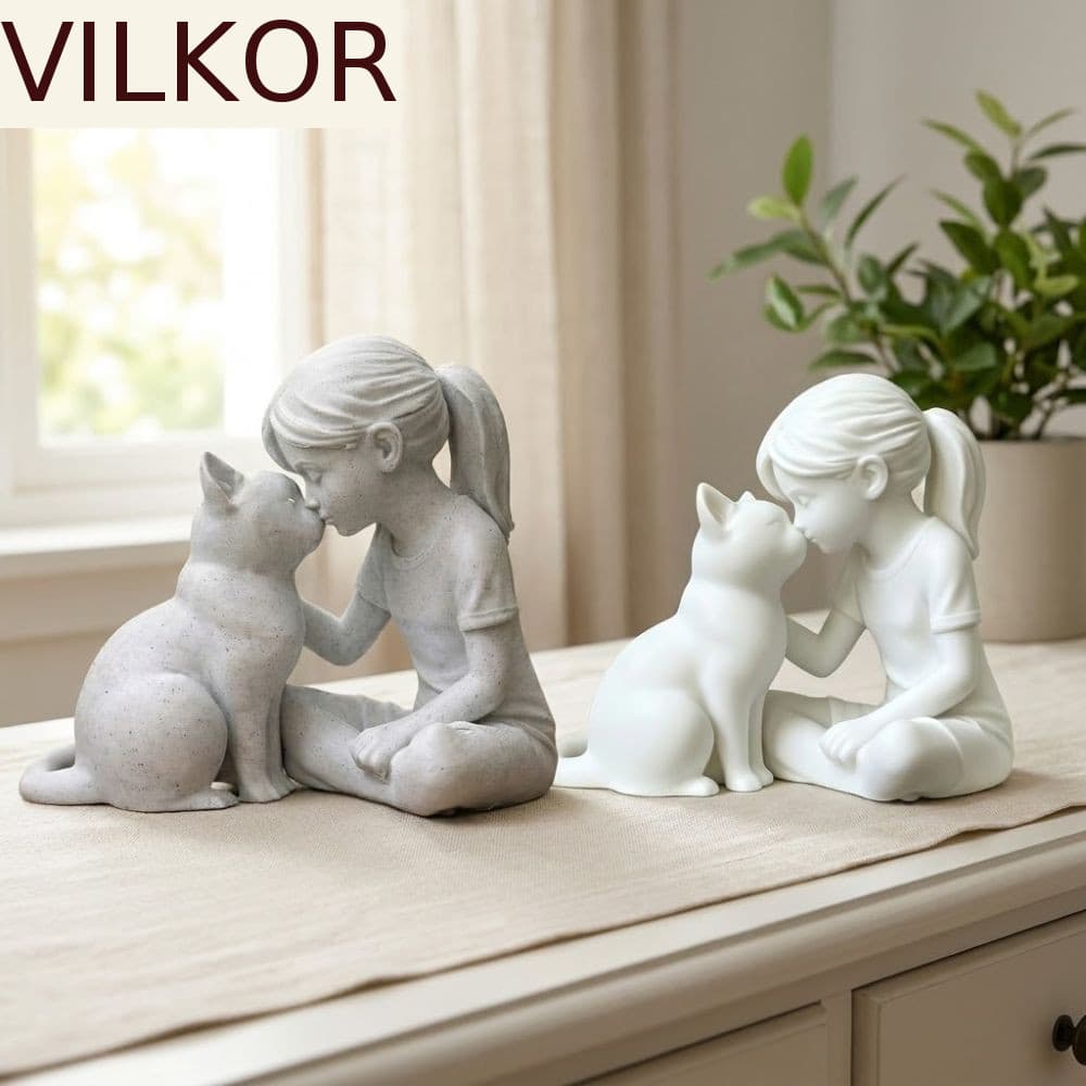 Escultura De Menina E Gato VILKOR , Artesanato Exclusivo Estátuas De Amizade De , Estatueta De Mesa De Plástico