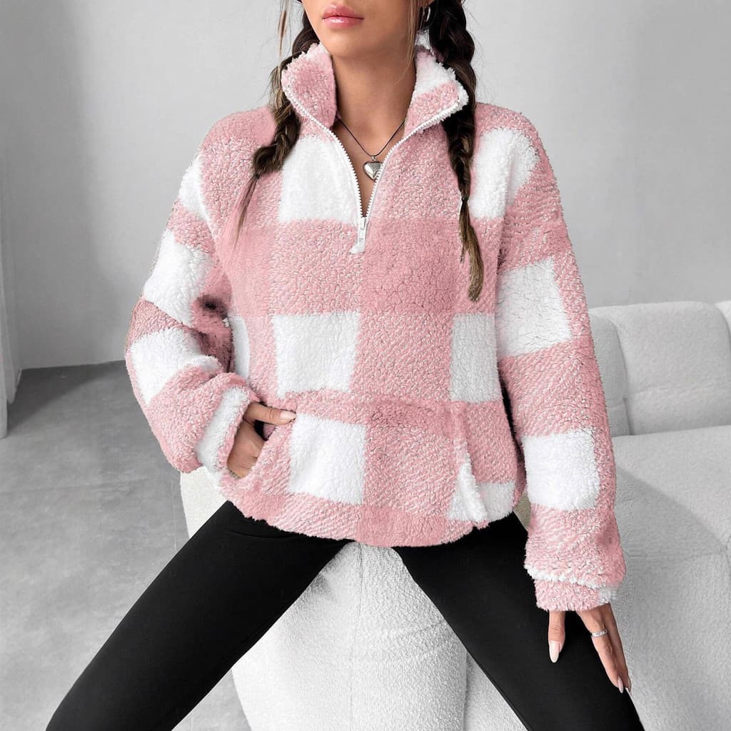 Estoque pronto Fornecimento transfronteiriço 2026 outono inverno moda curta xadrez gola meio aberta moletom feminino de