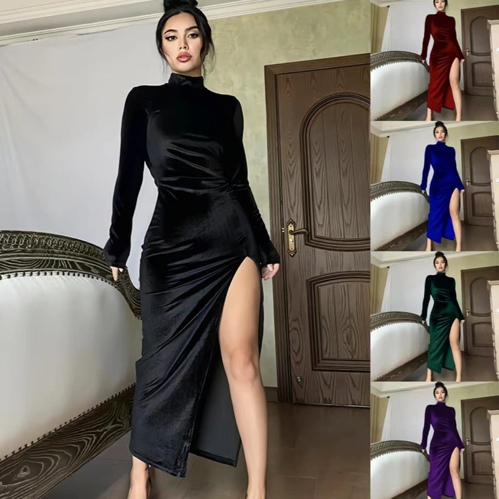 Estilo roupas femininas 2026 outono inverno gola alta longa veludo saia longa fino ajuste plissado fenda vestido