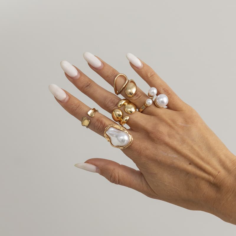 Conjunto de Anéis de Pérolas Barrocas Geométricas Estilo Ins, Doce e Elegante, Anel Brilhante de Metal Líquido Único