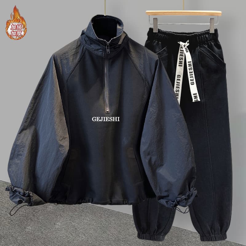 W inverno forro de lã engrossado gola alta meio zíper terno masculino versão coreana na moda solto Emb