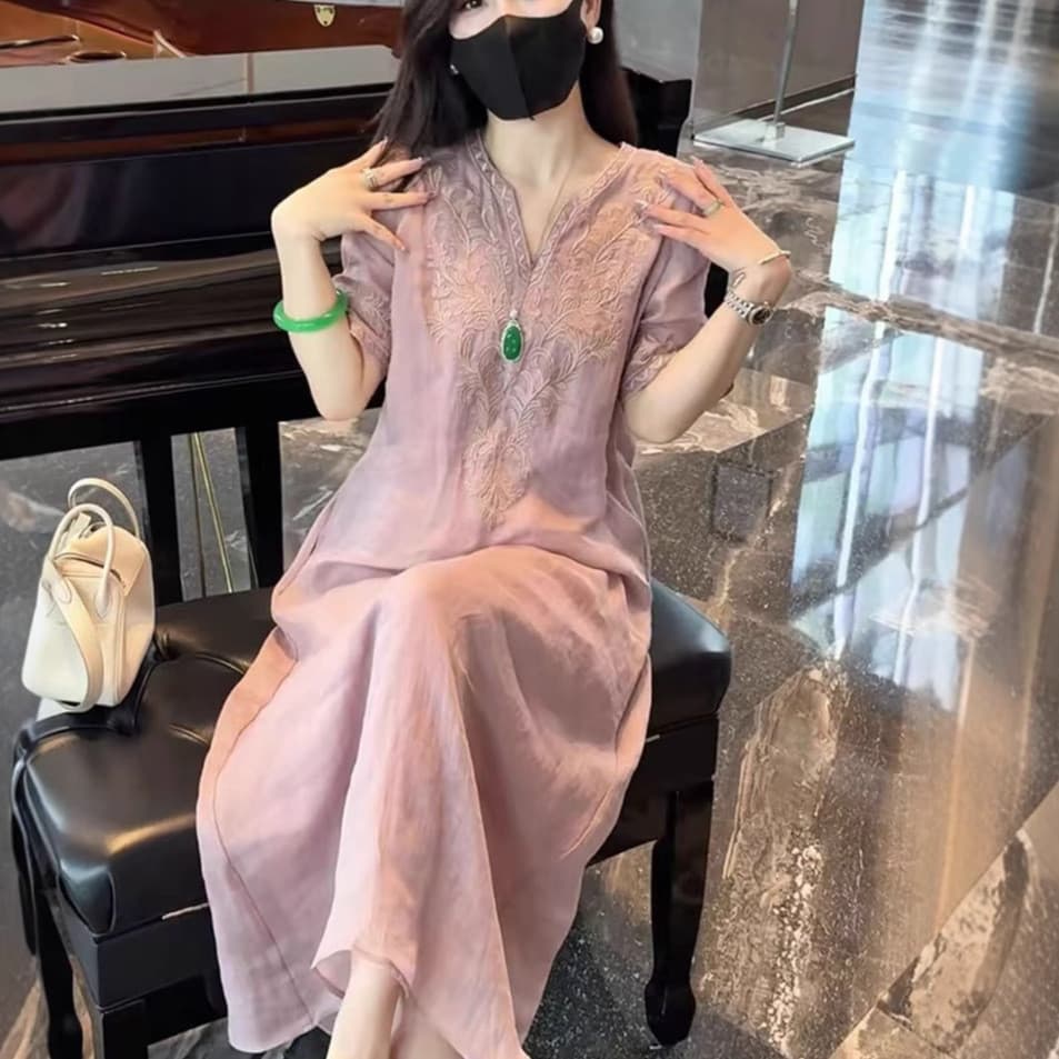 Novo estilo chinês estilo chinês bordado Ramie vestido feminino 2025 verão novo estilo elegante solto Casual linho saia