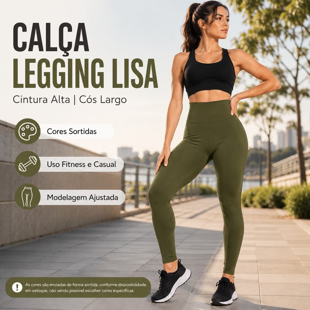 Calça Legging Lisa Feminina Cintura Alta Modelagem Ajustada Fitness Casual Cores Sortidas P ao GG