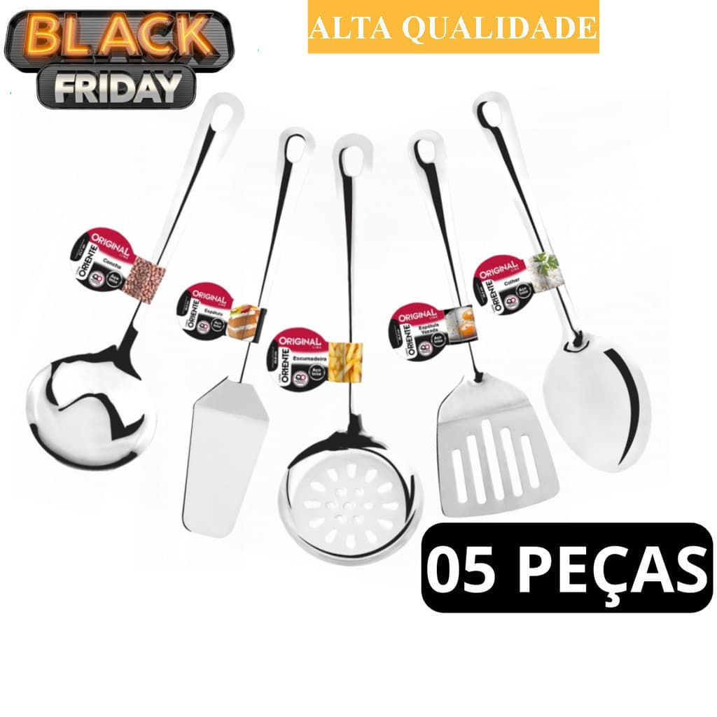 Jogo 5 Peças em 100% Aço Inox: Colher Escumadeira Concha Espatula Vazada e Espatula Sobremesa