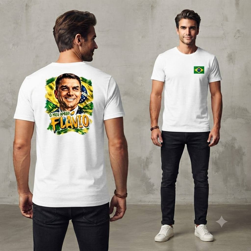 Camiseta Masculina Meu Amigo Flávio Estampa Brasil Bandeira Frente e Costas Manga Curta Casual 100% Algodão