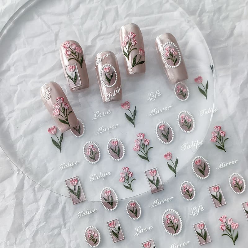 Influenciador japonês Manicure flor adesivo tulipa em relevo manchas pétalas 2024 primavera verão novo estilo decalques