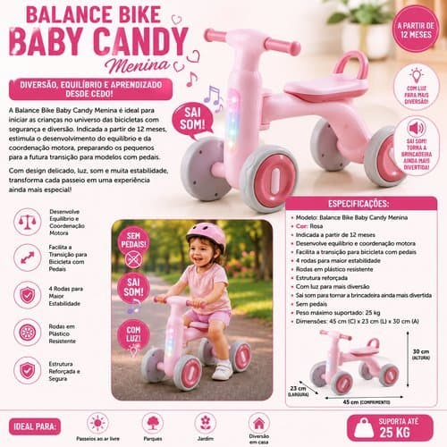 Bicicleta Infantil 4 Rodas Rosa Estavel Segura Com Luzes Diversao Crianças Pequenas
