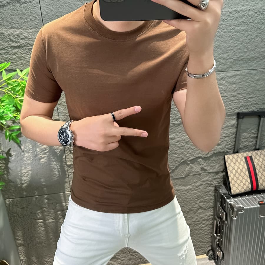 Estação Europeia 2025 Verão Cor Sólida Slim-fit Camiseta Masculina Ombro Frontal Manga Curta All-match Gola Redonda Vers