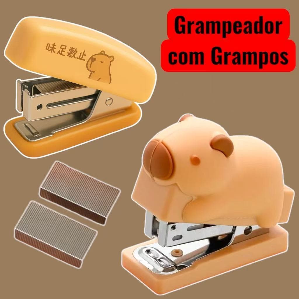 Grampeador Escritório + Grampos Capivara Papelaria Fofa Kwaii 400 Grampos 24/6 Ou 26/6
