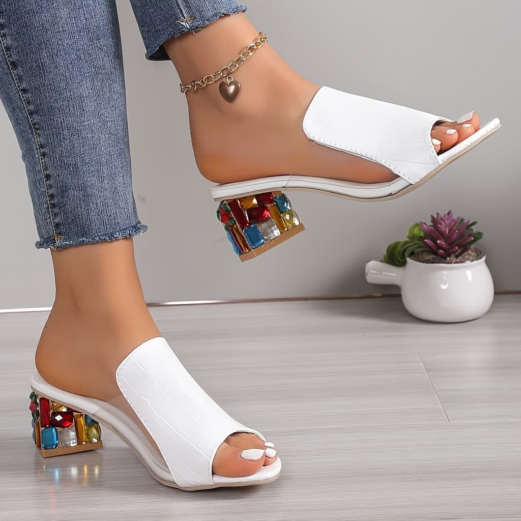 Moda Feminina Salto Alto Com Enfeite De Strass , Sandálias Femininas Casuais , Sapatos Femininos