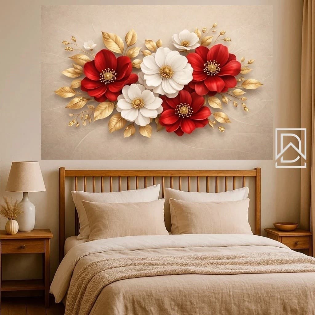 Quadro Decorativo Flores Vermelhas e Brancas com Folhas Douradas Luxo Sala Quarto Arte Moderna Parede 50x30 Sofisticado