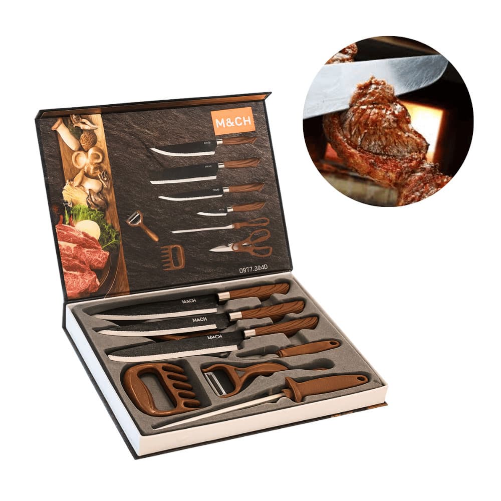 Conjunto de Facas Kit Churrasco Profissional Em Inox 8 Peças Faqueiro Lâminas Afiadas para Cortes