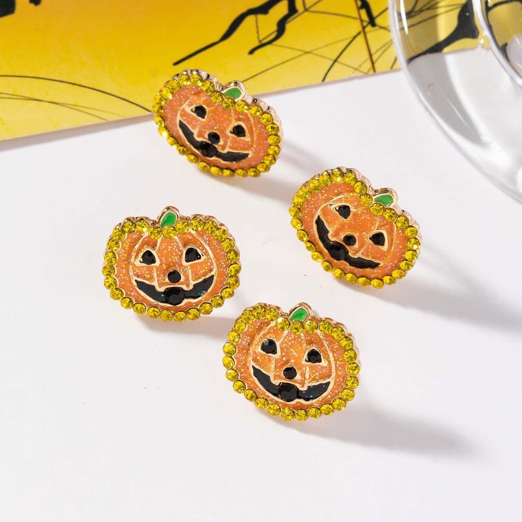 ((Pacote de cinco pares) Halloween engraçado abóbora crânio brincos clipes de orelha óleo gotejamento diamantes senhoras